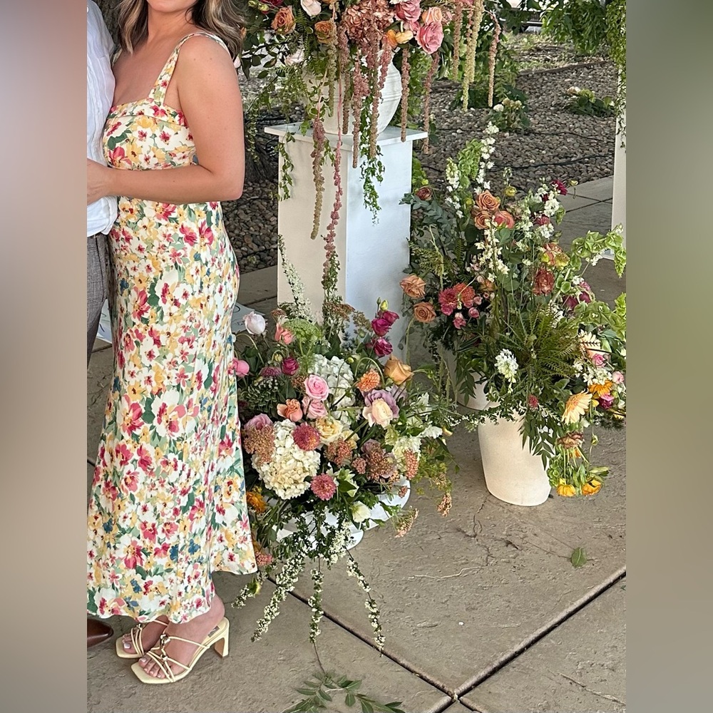 Reformation Yellow Floral Midi Dress with Red & Green Print - Size 10